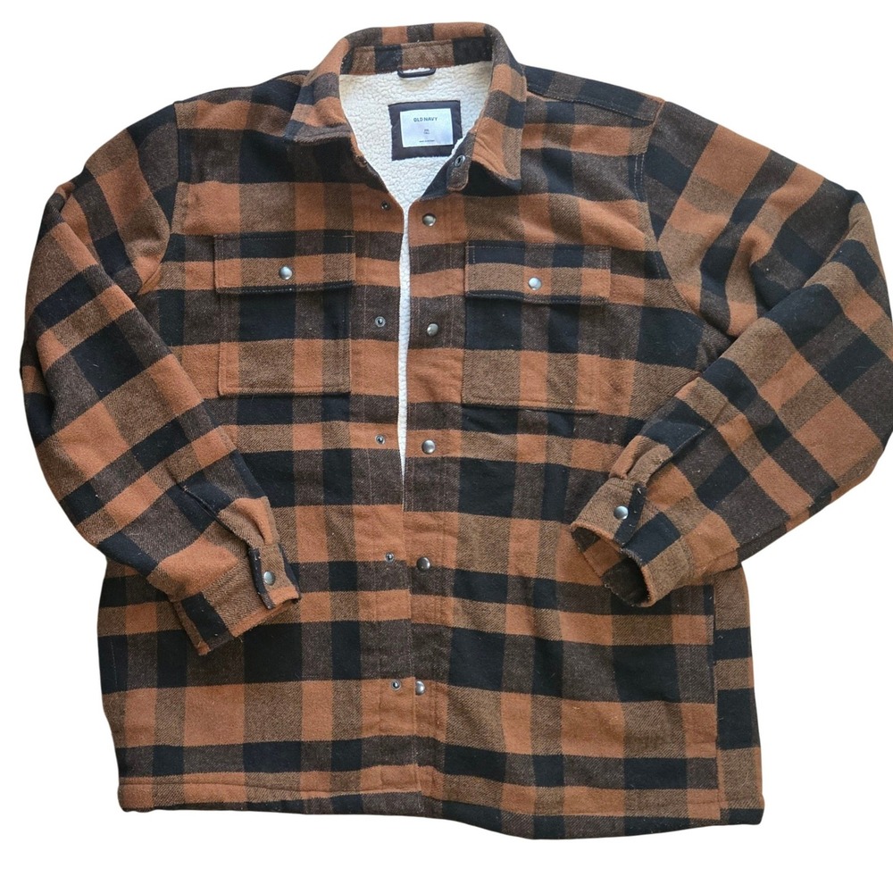 Old Navy XXL Tall Sherpa Lined Wool Blend Plaid Shirt Jacket Shacket Brown Black